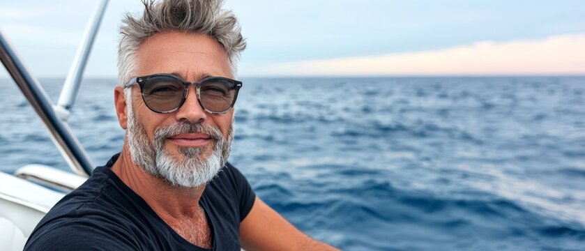  A man in a boat, situated in the heart of the ocean, dons sunglasses and a T-shirt with a mohawk hairstyle - Powered by Adobe