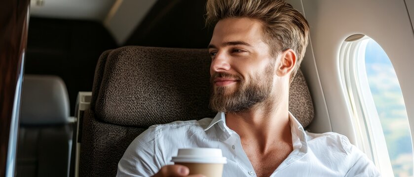  A man in a white shirt, holding a steaming cup of coffee and gazing out of an airplane window