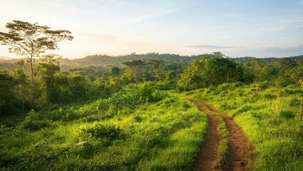 Obraz premium Lush green forest and the route into the forest