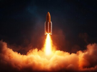 Reusable rocket booster landing back on a platform, fiery descent, Aerospace Engineering, space sustainability