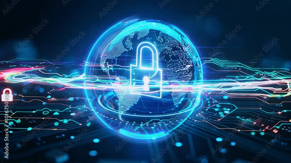Poster lock icon. cyber security of digital data network protection. high-speed connection data analysis. t