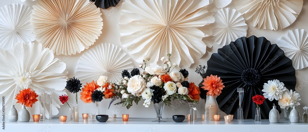 Aufkleber stylish monochromatic backdrop featuring a minimalist display of decorative paper fans and floral ar
