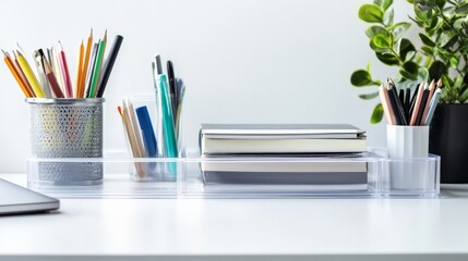 Obraz premium Organized workspace with colorful stationery, notebooks, and greenery on a clean white desk surface, ideal for productivity and creativity.