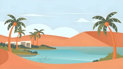 Obraz premium Illustration of an oasis with palm trees and blue lake