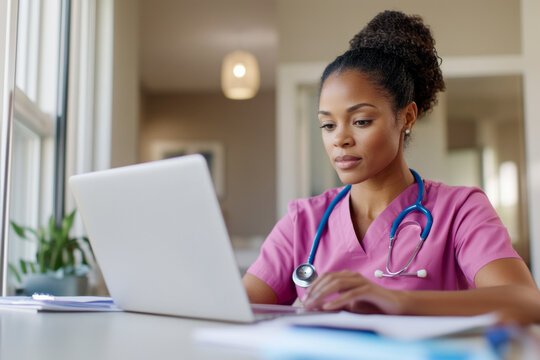 Focused Nurse Working on Laptop in Medical Office