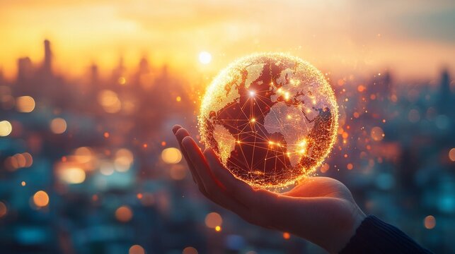 Double exposure Hand holding global network connection on a backdrop of innovation, collaboration, and advancement, symbolizing the interconnectedness of businesses worldwide