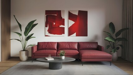 Modern minimalistic living room with red sofa and abstract paintings