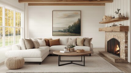 Cozy Modern Farmhouse Living Room with White Sectional Sofa, Earthy Textures, and Warm Fireplace Home Decor Inspiration