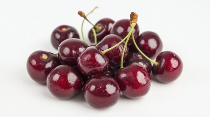 A handful of glossy red cherries, with stems, isolated on a white background to showcase their vibrant color and texture.