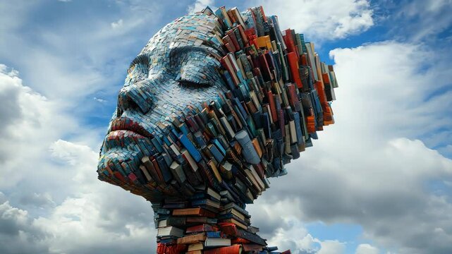 Woman sculpture dreaming under cloudy sky