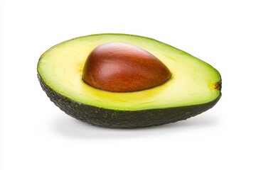 Fresh avocado half with seed, showcasing vibrant green flesh and dark skin, perfect for healthy dishes and recipes.