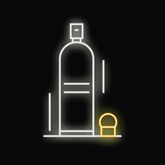 Obraz premium Glowing white and yellow neon sign of a spray can with its cap next to it, on a black background