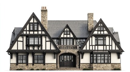 A large Tudor-style home with half-timbered walls, stone base, and decorative gables, isolated on white for a timeless architectural look.