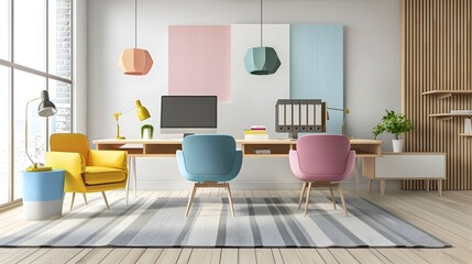 Fototapeta premium Minimalist Office with Vibrant Furniture in 3D Rendered Home Mockup