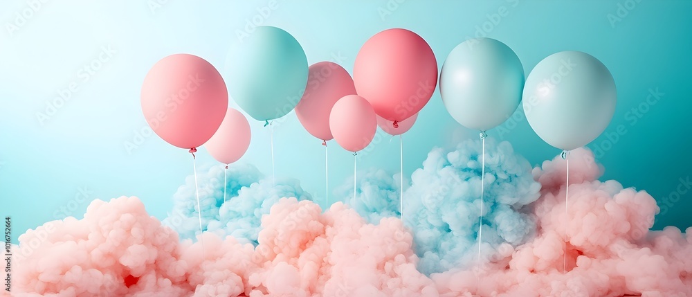 Poster pastel monochromatic air balloon setup with ethereal soft color transitions and elegant display