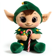 A cheerful plush elf doll wearing green with a candy cane, embodying a festive spirit perfect for holiday decorations or gifts.