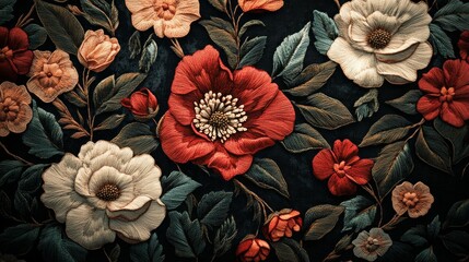 A vibrant floral pattern featuring bold red and soft white flowers on a dark background. This image captures the beauty of nature. Perfect for home decor and textile design. AI.