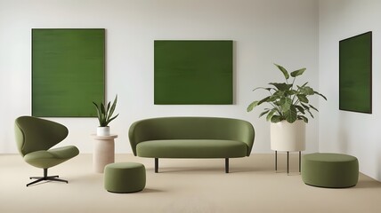 Minimalistic room with green sofa and white walls