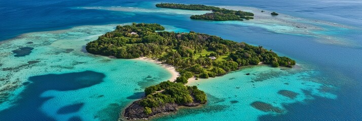 Fototapeta premium An aerial perspective of a small island surrounded by a body of water, featuring several smaller isles in its midst