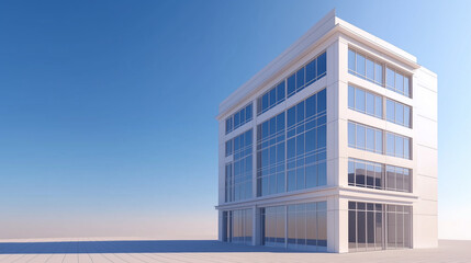 Obraz premium Modern office building with large glass windows and sleek design, set against clear blue sky. structure showcases contemporary architecture and spacious surroundings