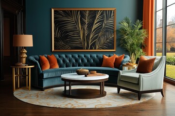 Tranquil Teal Luxury Elegant Living Room with Curved Sofa, Palm Frond Artwork, and Natural Accents - Interior Design Inspiration