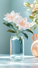 Obraz premium Beautiful pink water lilies in a glass vase on a serene blue background.