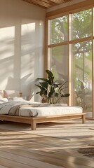 Fototapeta premium Minimalist Platform Bed Bedroom with Expansive Windows and Modern Interior Design