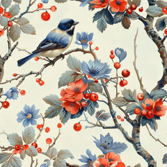 Fototapeta premium Seamless pattern with flowers and birds on branches, on a light background.