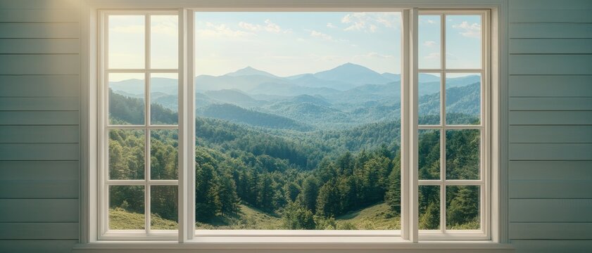 Serene Mountain View Through Divided Window, Forest Landscape, Tranquil Escape - Vintage Interior Design Concept