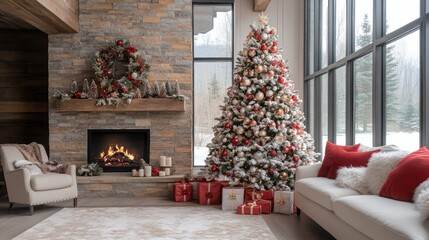 A cozy living room decorated for Christmas with a fireplace, a large Christmas tree, and gifts.