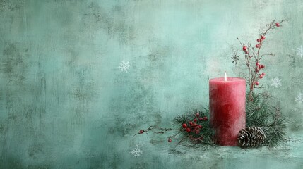 Festive Red Candle with Pine Cones and Berries on Green Textured Background