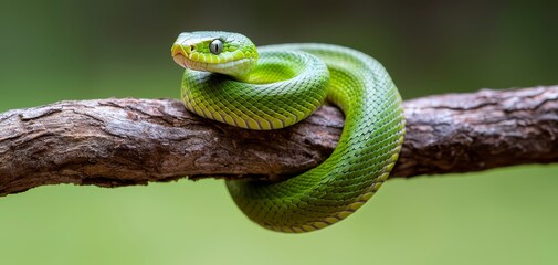 Fototapeta premium Vibrant Green Snake Coiled Around Branch in Serene Jungle Setting - Detailed Closeup Wildlife Photography