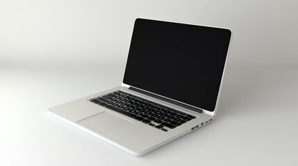 Sleek silver laptop with black screen on white background. Ideal for tech, digital workspaces, or modern technology-themed designs.