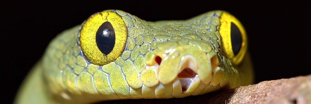  A tight shot of a green snake's face, displaying yellow and black striped eyes
