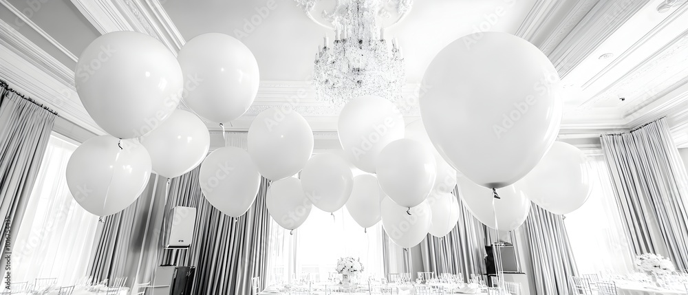 Poster monochromatic air balloons arranged in simple elegant patterns creating a stylish modern atmosphere 