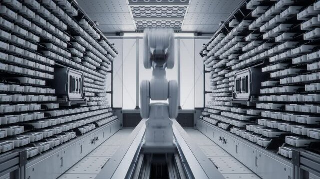Time-Lapse of Moving High Precision Industrial Robot Arm Inside Automated Enterprise Data Management and Storage Solution. Futuristic Storage and Handling Room with Robotic Arm at High-Tech Factory