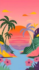 Obraz premium 4K Pastel Tropical Scene with Pink Sunset, Flowers, and Palm Trees