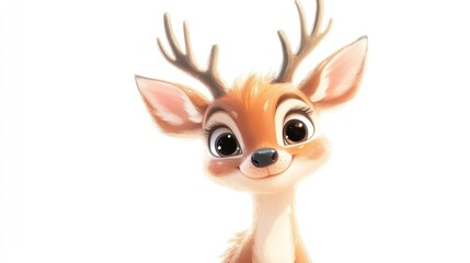 A soft, pastel cartoon deer with gentle antlers and a friendly expression, isolated on a white background for children books.