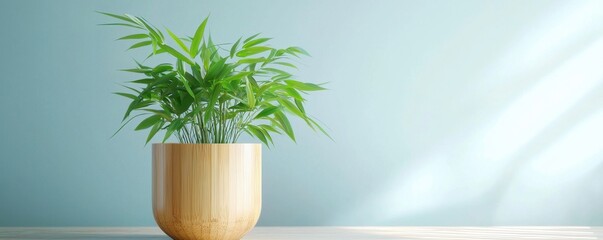 Green plant in a wooden pot, placed on a light-colored surface.