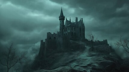 Creepy old castle on a hill. Spooky castle in gloomy cloudy weather.