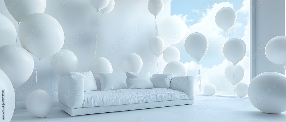 Aufkleber elegant monochromatic air balloons of various shapes and sizes floating in a minimalist high end par