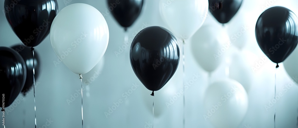 Poster monochromatic balloons of various sizes floating in a minimalist contemporary scene creating a styli