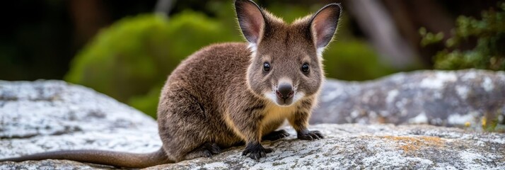 Fototapeta premium A tight shot of a small animal perched on a rock against a tree-studded backdrop