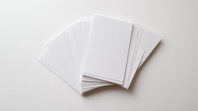 Stack of blank white papers arranged in a fan shape on a smooth white surface, ready for writing or printing projects.