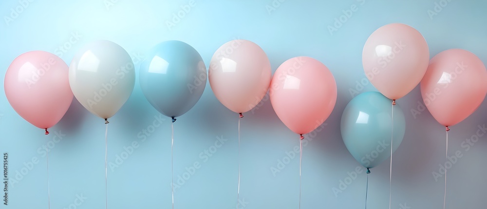 Poster beautifully arranged pastel colored balloons in a clean minimalist setup with soft color gradients a