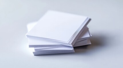 Fototapeta premium Stack of blank white papers on a smooth surface, ideal for office, writing, or printing needs in professional and personal settings.