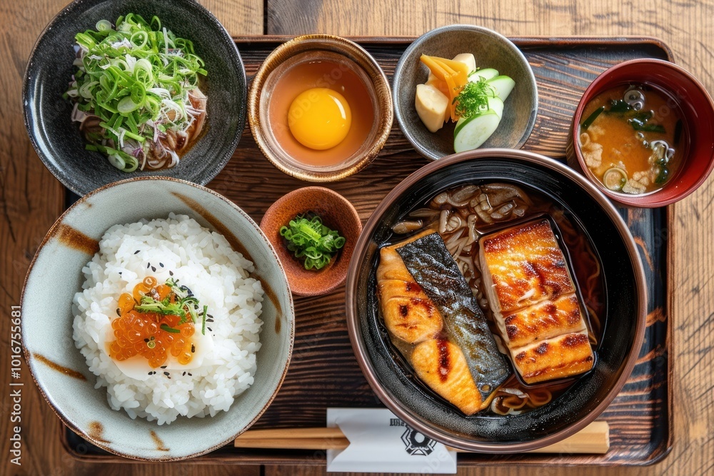 Poster Japanese food dish set plate meal meat.