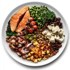 Nutritionist creating healthy lunch with fish vegetables cheese and nuts