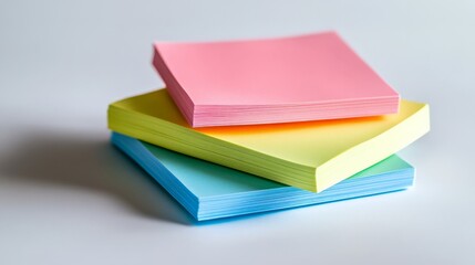 Stack of colorful sticky notes in pink, yellow, and blue on a plain background, ideal for organizing and office use.