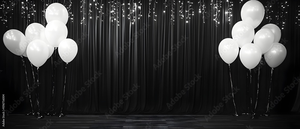 Poster sleek and elegant minimalist monochromatic backdrop design with floating balloons creating a sophist
